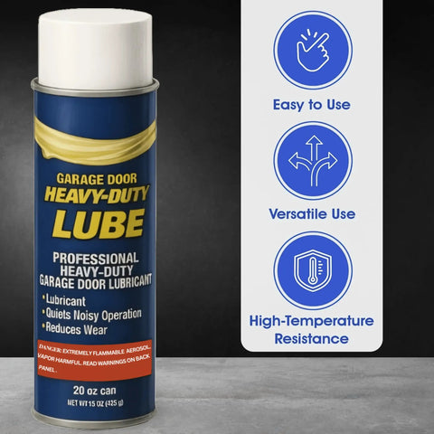 Heavy Duty Garage Door Lubricant 20 Oz can with features like easy to use and high-temperature resistance displayed on label.