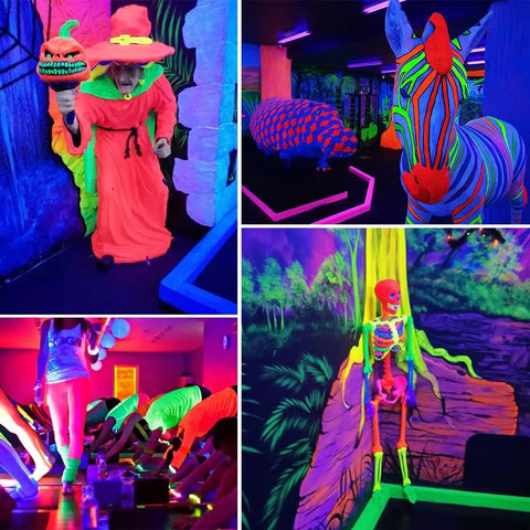 Collage of glow party scenes under Two Pack 60W LED Black Light Bar With Remote For Glow Parties Timed Effects Easy Setup UV Blacklight Bar.