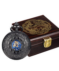 Mechanical Skeleton Pocket Watch With Roman Numerals, Double Case, Dragon Phoenix Carving, Brown Wood Finish Box, Chain Included