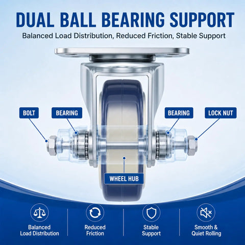 Close-up of Premium 5 Inch Caster Set Brings Rollin Smooth Moves To Your Workflow Using Silent Nonmarking Polyurethane Wheels with dual ball bearings.