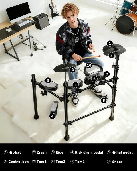 Musician playing Electronic Drum Set For Adults And Beginners With 5 Mesh Pads, 3 Cymbals, Stool, Headphones, Sticks And Full Accessories