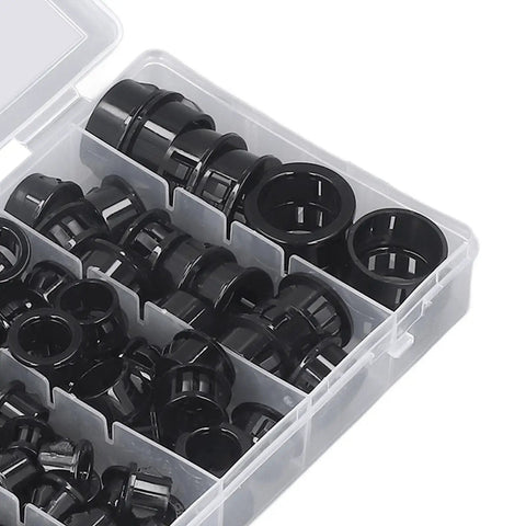 Super Cool Heavy Duty Nylon Cable Grommet Kit With 160 Pieces In Six Size Options For Fast Wire Management, Electrical Snap Insulating, And Diy Repair Jobs That Keep Your Home Or Car Looking Fresh And Safe., black nylon cable grommets in organizer box
