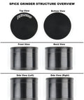 2 Inch Spice Grinder For Kitchen Spices Screen Free 3 Piece 4 Part Zinc Alloy Black Portable Grinder shown in multiple views