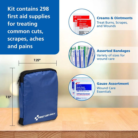 Blue First Aid Only 298-piece emergency kit in a zippered compact pouch