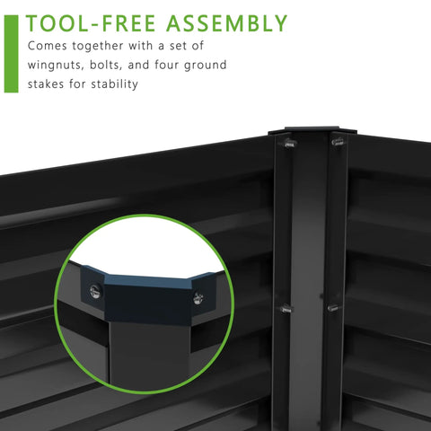Close-up of corner connection showing tool-free assembly of 2 Pack Galvanized Raised Garden Bed Kit 12 Ft Long 2 Ft Wide 1 Ft High