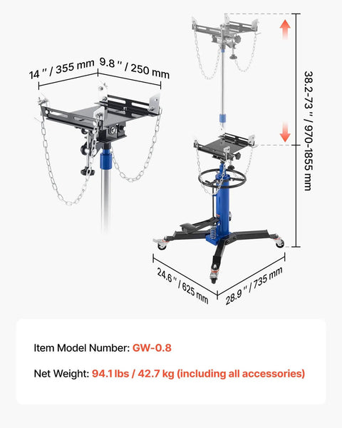 Beefed-Up Hydraulic Transmission Jack, 1660 Lbs Capacity, Telescoping Lift, 360 Degree Swivel Wheels, Blue, Model GW-0.8