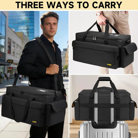 Go-To DJ Gear Bag With Six Removable Dividers And Laptop, Microphone And Cable Slots, shown in three carry styles