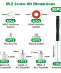 M2 Screw Kit Dimensions with insulation gaskets, screws, standoffs and screwdriver in a 30 piece setup for secure SSD mounting.
