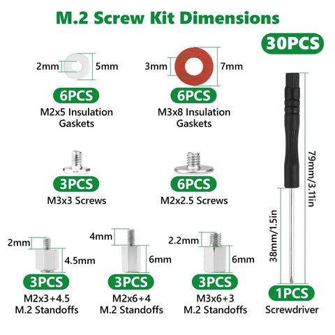 M2 Screw Kit Dimensions with insulation gaskets, screws, standoffs and screwdriver in a 30 piece setup for secure SSD mounting.