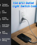 Fifteen Amp Gfci Outlet And Light Switch Combo Twenty Pack For Bathroom Vanities And Garage Projects with LED indicator and phone charging.