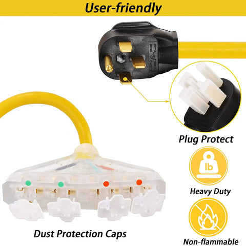 RV 50 Amp To 110V Adapter Cord With 4 Prong NEMA 14 50P Male Plug To Four 5 20R Household Outlets Dust Protection Caps