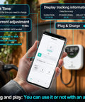Level 2 EV Charger With WiFi App Control and RFID Start shown with smartphone app interface and charger on wall