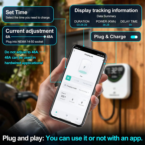 Level 2 EV Charger With WiFi App Control and RFID Start shown with smartphone app interface and charger on wall