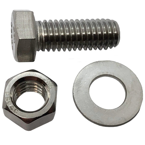 1/4-20 stainless steel hex bolt with nut and washer, 304-grade, three-piece fastener set