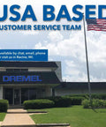 USA flag waving outside Dremel customer service building in Racine, WI, with text about USA based customer support.