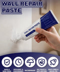 Hand squeezing upgraded drywall repair kit with scraper for quick drying wall mending paste filling hole in wall.