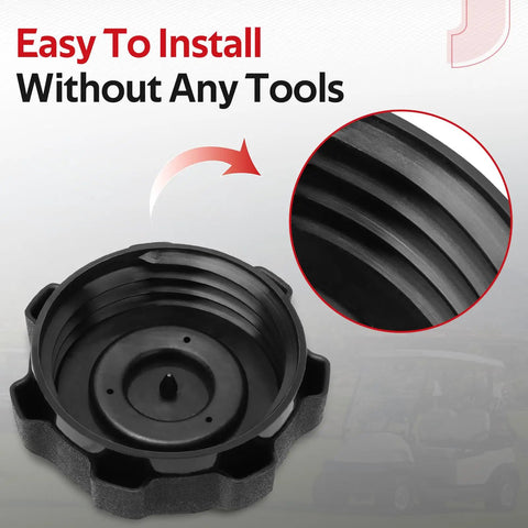 Rugged Nylon Gas Cap For Gas Golf Carts Built With A Solid Rubber Seal To Slam Down On Leaks And Squash Bad Odors. Close-up view.