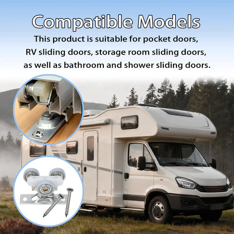 RV with H530 Sliding Pocket Door Roller Assembly 2 Pack With Top Hanger Replacement Wheels, close-up of rollers.