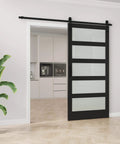 Tempered Frosted Glass Sliding Barn Door With 7 Ft Hardware Kit And Handle, Solid Core Wood Construction, 42 X 84 inches, black finish