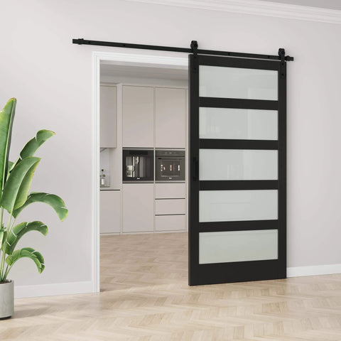 Tempered Frosted Glass Sliding Barn Door With 7 Ft Hardware Kit And Handle, Solid Core Wood Construction, 42 X 84 inches, black finish