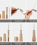 Step-by-step assembly of Pro Grade Leather Sewing Awl Kit With Copper Handle, 6 Needle Sizes, Nylon Cord Thread, And 2 Thimbles