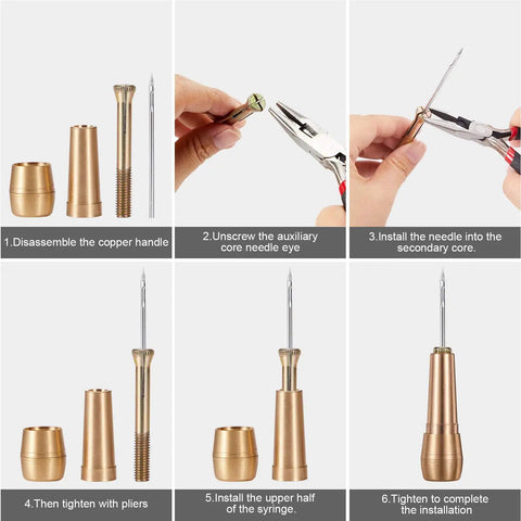 Step-by-step assembly of Pro Grade Leather Sewing Awl Kit With Copper Handle, 6 Needle Sizes, Nylon Cord Thread, And 2 Thimbles