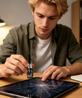 Man applying Pro Grade Slick Scratch Fix Gel For Glass And Screens Deep Fill Restoration Liquid on tablet screen