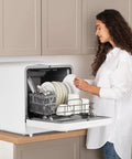 No Sweat Setup Portable Countertop Dishwasher With Five Liter Tank And Faucet Hose six wash programs compact drying rack in use.