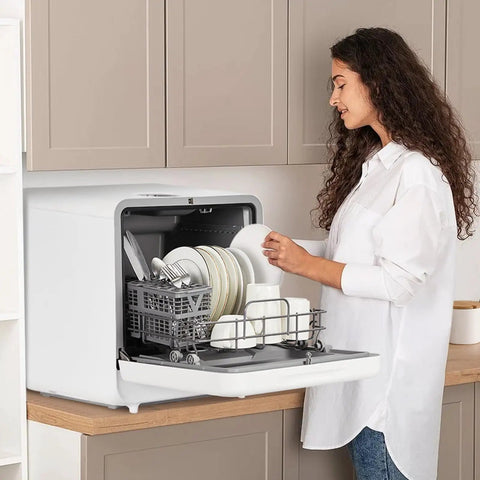 No Sweat Setup Portable Countertop Dishwasher With Five Liter Tank And Faucet Hose six wash programs compact drying rack in use.