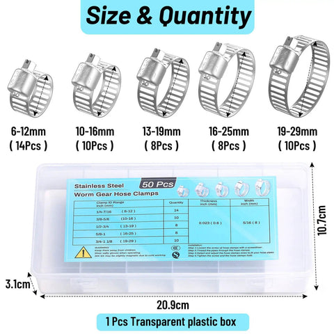 50 Piece Stainless Steel Hose Clamp Kit with Adjustable Worm Gear Clamps, metal band design, in organizer case, size chart displayed