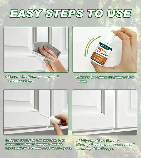 Hella Smooth White Wood Touch Up Paint Pen With An Ultra Fine Precision Brush For Super Quick Drying Scratch Repair steps to use image showing application process.