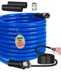 Blue heated RV water hose coiled with black power cord and metal fittings; SZFY tag