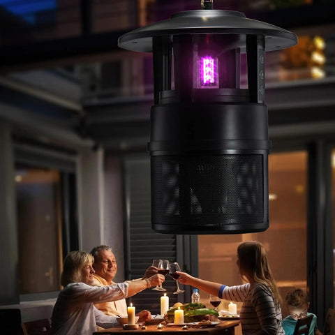 Outdoor Mosquito Trap With Lighting And Sleep Timer That Attracts Mosquitoes Flies Moths Gnats Wasps Beetles And No See Ums Indoor Or Outdoor Bug Zapper With 395nm UV Light For Fast Quiet Hassle Free Catch hanging over outdoor dining area