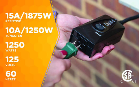 Outdoor Plug In Digital Timer With Weatherproof Housing Featuring Built In Photocell Light Sensor For Patio And Garden Illumination Automatic Dusk To Dawn Toggle Zero Sweat Single Button Setup Yard Ace in hand close-up.