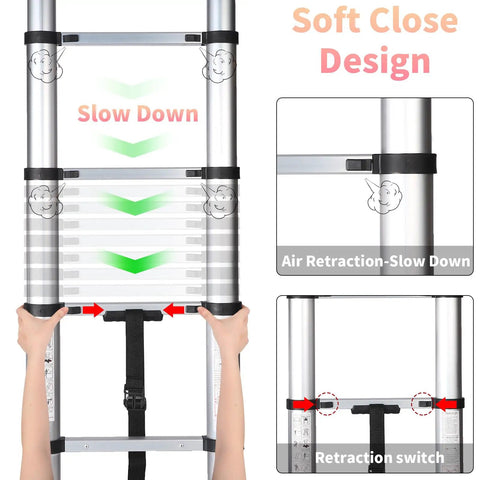 8.5 Foot Telescoping Ladder With One Button Retraction, Slow Down Design, showing retraction feature with arrows and hands