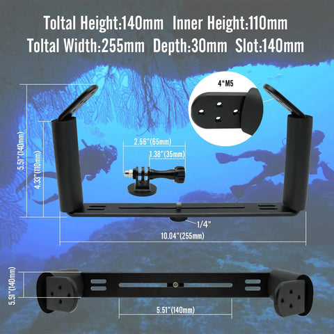 Dimensions and components of the Underwater Camera Rig With Dual Handheld Stabilizer And Video Light For GoPro Hero 11 10 9 8 7 6
