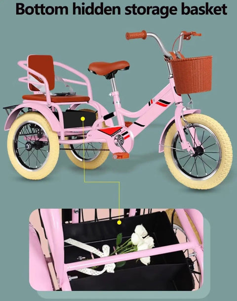 Pink three wheel cruiser tricycle with rear passenger seat and backrest, showing bottom hidden storage basket, 18 inch wheels.