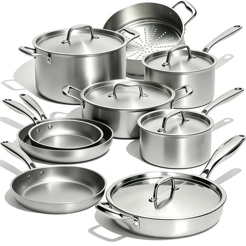 Stainless Steel Cookware Set 14 Piece 5 Ply Full Clad Induction Ready Pots And Pans For Professional Kitchen Cooking, Oven Safe
