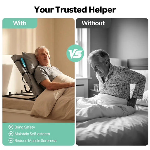 Heavy Duty Electric Lifting Backrest For Bed Supports 661 Lbs With Remote Control Adjustable Sit Up Assist Chair for Elderly To Climb Out Of Bed Easily And Get Lumbar Relief Super Cool, showing elderly man comfortably sitting up.