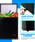 Freestanding Black Mini Chest Freezer With Precision Electronic Thermostat And Two Removable Baskets filled with fresh food.
