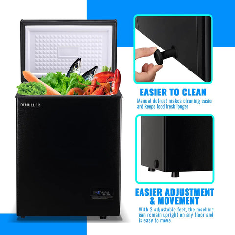 Freestanding Black Mini Chest Freezer With Precision Electronic Thermostat And Two Removable Baskets filled with fresh food.