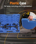 Coil Spring Compressor Tool Kit For Vehicle Suspension Struts in blue plastic carrying case for easy transport.