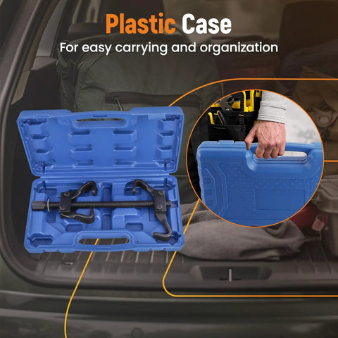 Coil Spring Compressor Tool Kit For Vehicle Suspension Struts in blue plastic carrying case for easy transport.