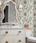 Jumbo Floral Neutral Vinyl Wallpaper With Dope Leather Texture Pattern Type Two in modern bathroom setting with vanity.