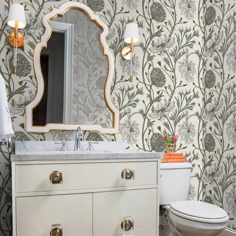 Jumbo Floral Neutral Vinyl Wallpaper With Dope Leather Texture Pattern Type Two in modern bathroom setting with vanity.