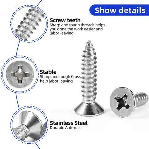 Built Like A Tank Tough As Nails Size 8 X One Point Two Five Inch Flat Head Sheet Metal Screws showing screw teeth and stable design.