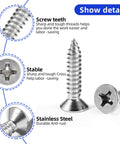 Heavy Duty Three Zero Four Stainless Steel Flat Head Sheet Metal Screws With Phillips Drive Self Tapping Points For Wood And Thin Metal Builds Built Tough For The Job Site No Nonsense Hardware Packaged In Twenty Pieces showing screw details and features.