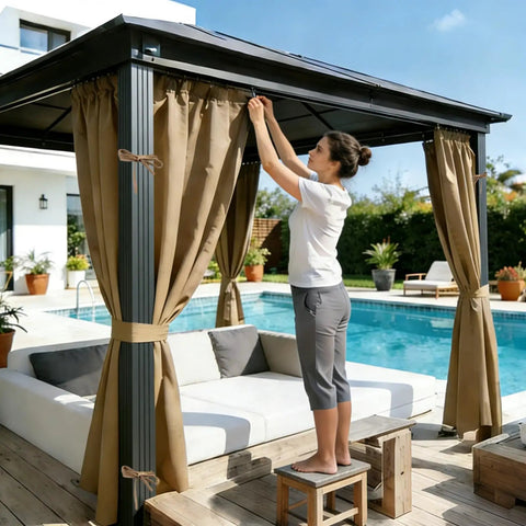 Woman securing Deck Ready Privacy Curtains For 10 By 12 Foot Replacement Panels Waterproof Windproof With Four Zippered Sidewalls For Patio Canopy Outdoor Garden Backyard Khaki on a poolside gazebo.