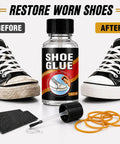 Heavy Duty Shoe Glue 30 Grams Clear Waterproof Flexible Adhesive For Sneak Restoration And Boot Craft next to worn shoes.