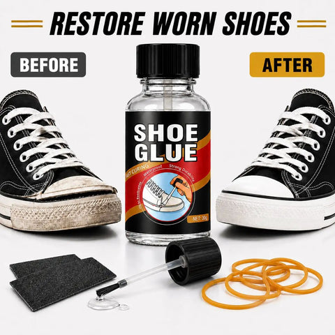 Heavy Duty Shoe Glue 30 Grams Clear Waterproof Flexible Adhesive For Sneak Restoration And Boot Craft next to worn shoes.